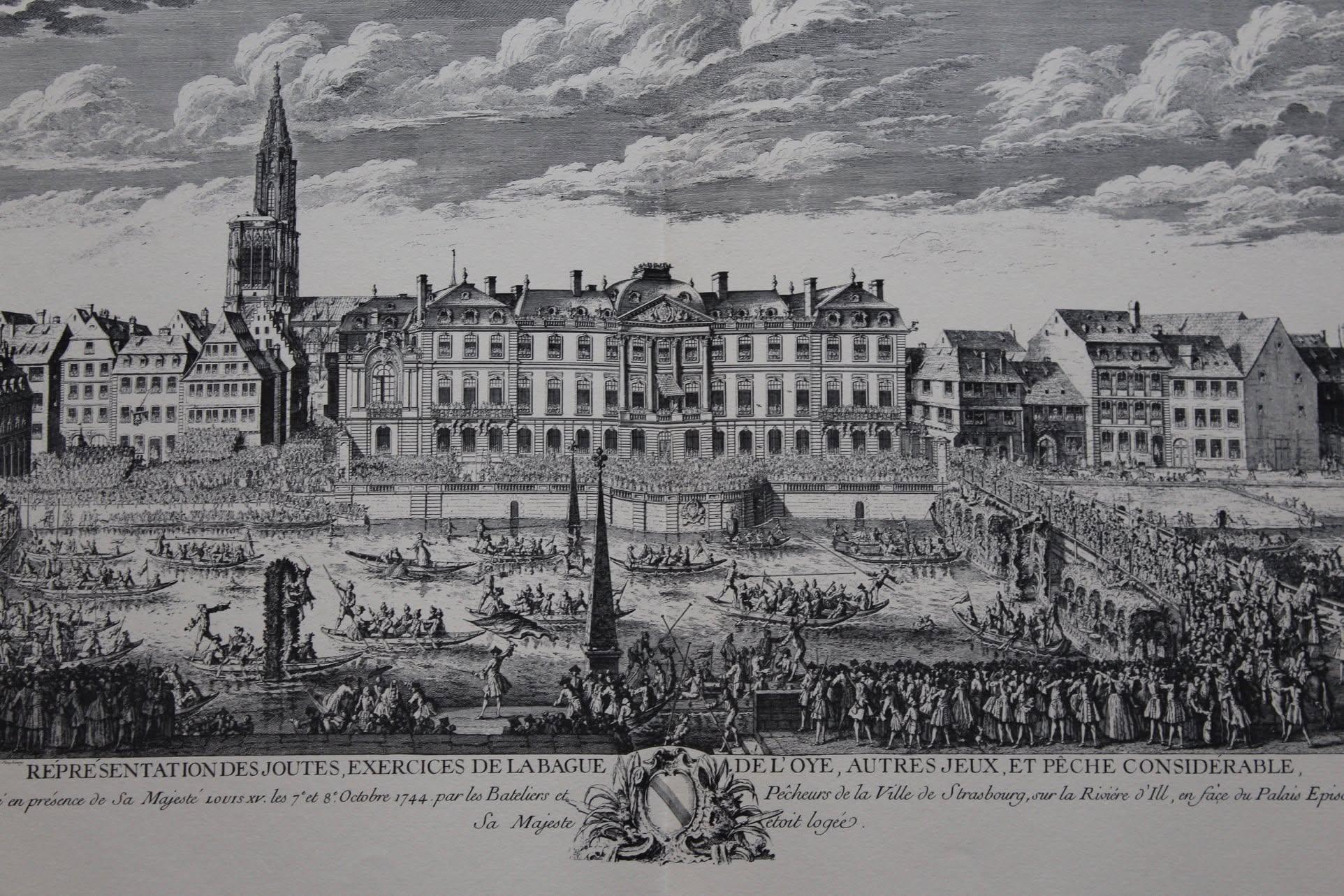 Vue de Strasbourg et de la riviere Ill au 18e siecle, gravure d'epoque