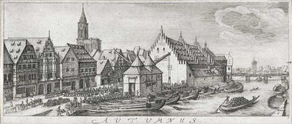 Chargement de tonneaux de vin sur les quais de Strasbourg, gravure ancienne
