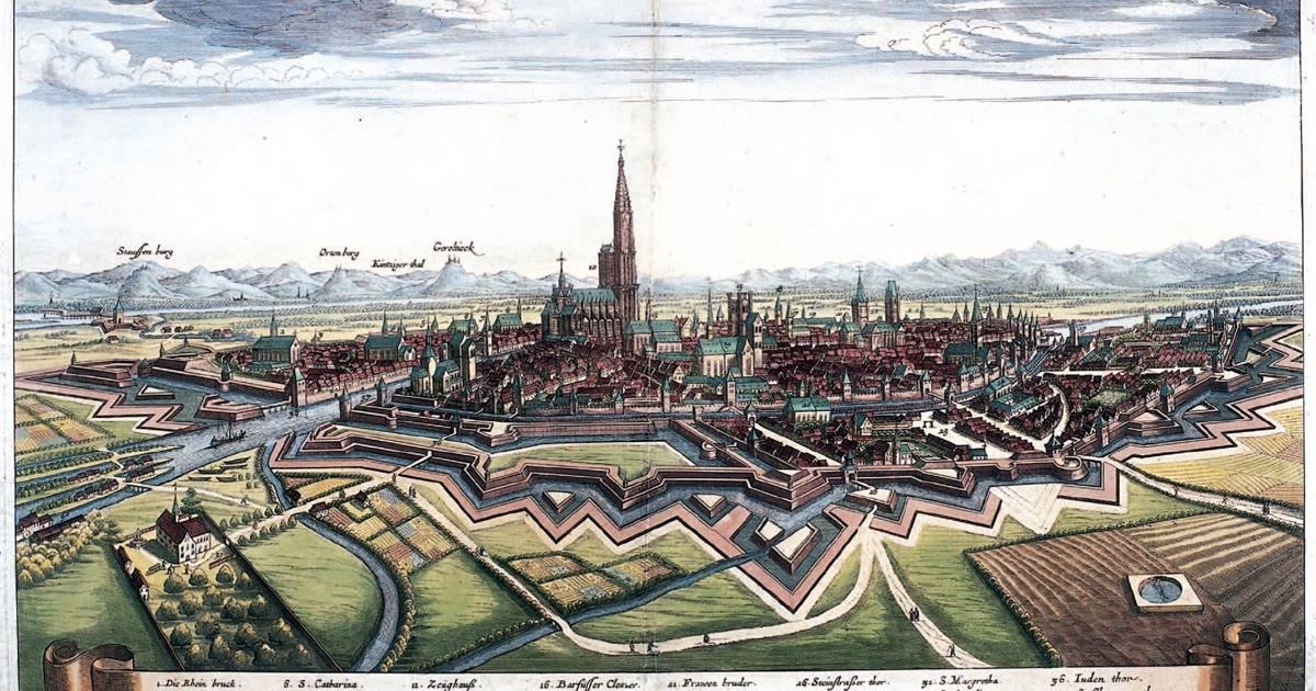 Vue de Strasbourg gravée par Matthäus Merian en 1644, ville de marchands traversée par les canaux de l'Ill